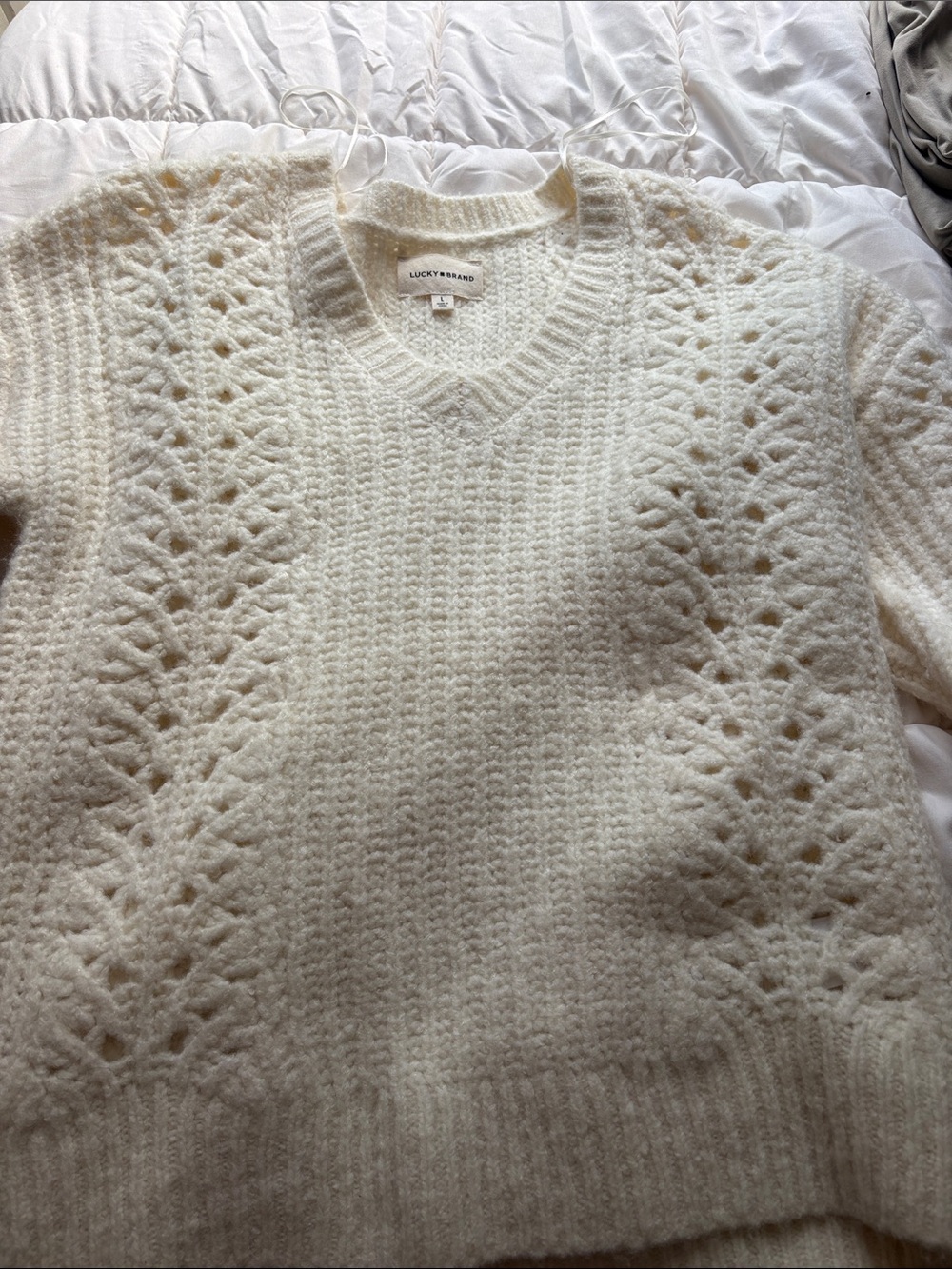 Lucky Brand Cream Openwork Knit V-Neck Sweater